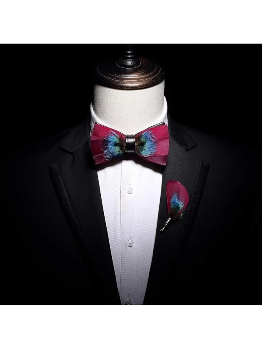 Men’s Handmade Pink and Peacock Feather Pre Tied Bow tie and Matching Lapel Pin